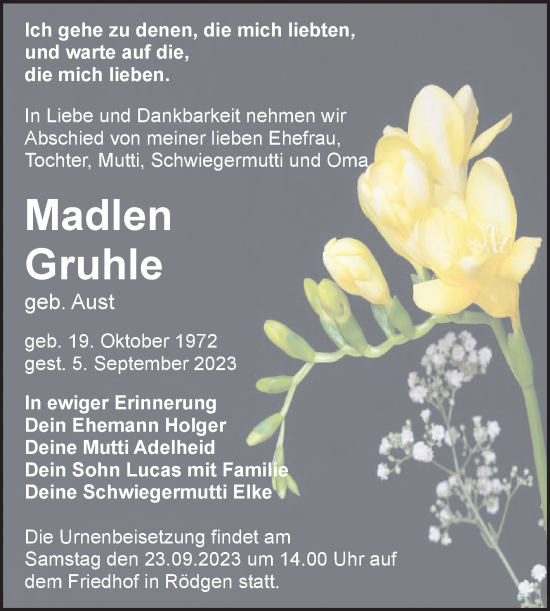 Traueranzeige von Madlen Gruhle von Trauerkombi Bitterfeld