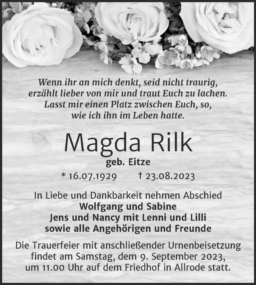 Traueranzeigen von Magda Rilk | www.abschied-nehmen.de