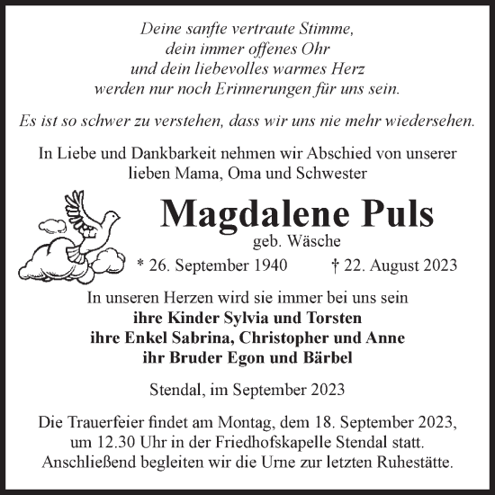 Traueranzeige von Magdalene Puls von Volksstimme Altmark Ost