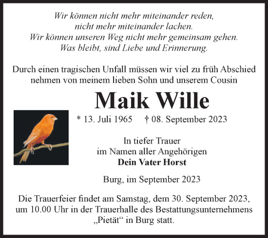 Traueranzeige von Maik Wille von Volksstimme Burg/Genthin