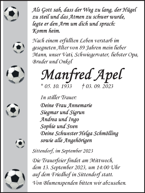 Traueranzeige von Manfred Apel von Trauerkombi Sangerhausen