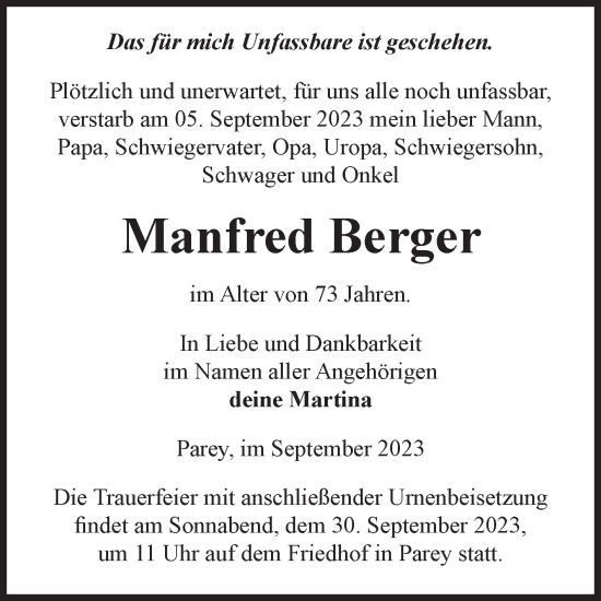 Traueranzeige von Manfred Berger von Volksstimme Burg/Genthin
