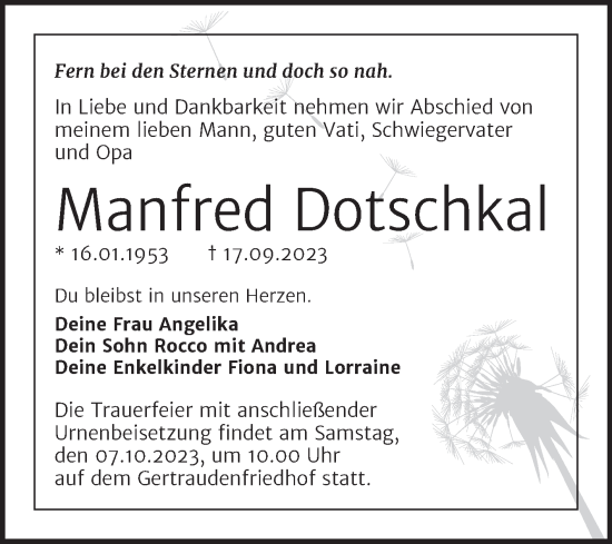 Traueranzeige von Manfred Dotschkal von Mitteldeutsche Zeitung Halle/Saalkreis