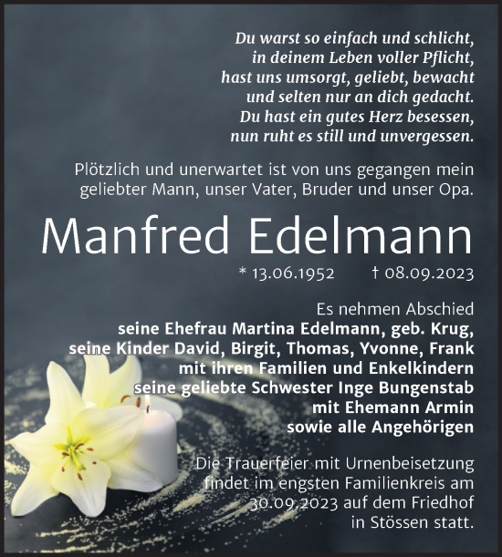 Traueranzeige von Manfred Edelmann von Wochenspiegel Naumburg/Nebra