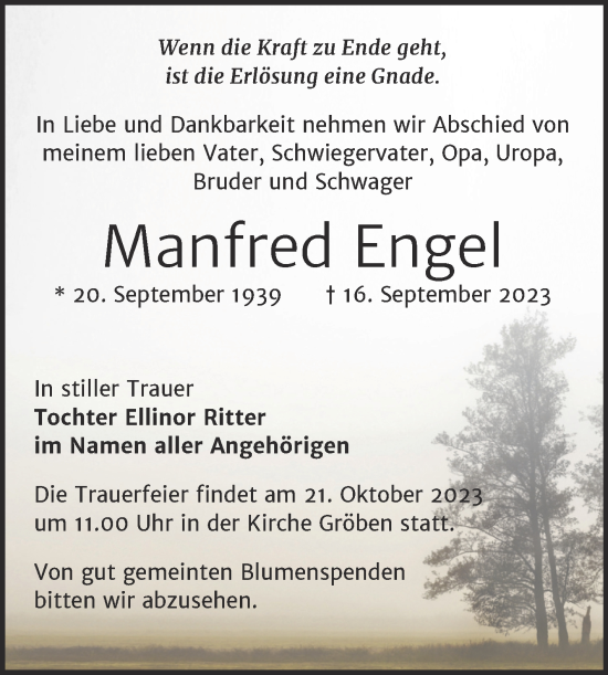 Traueranzeige von Manfred Engel von Trauerkombi Weißenfels