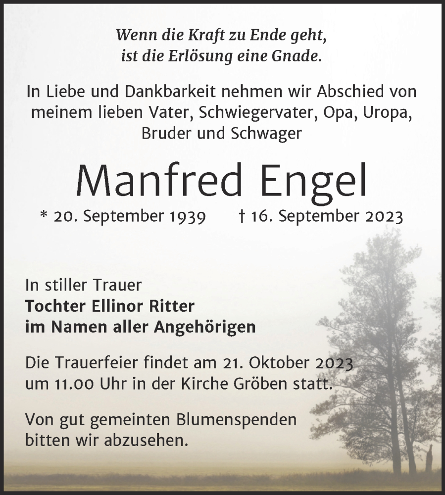  Traueranzeige für Manfred Engel vom 27.09.2023 aus Trauerkombi Weißenfels