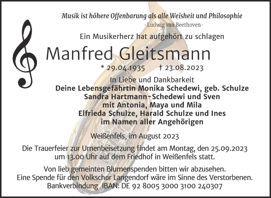 Traueranzeige von Manfred Gleitsmann von Trauerkombi Weißenfels