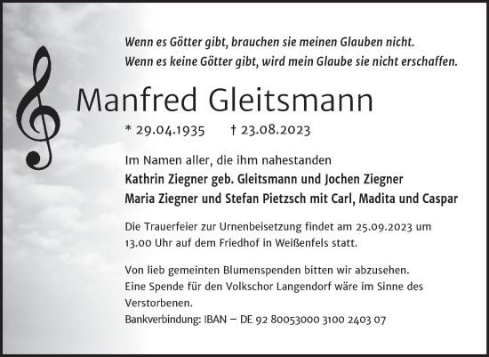 Traueranzeige von Manfred Gleitsmann von Trauerkombi Weißenfels
