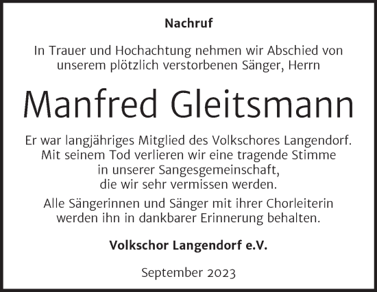 Traueranzeige von Manfred Gleitsmann von Trauerkombi Weißenfels