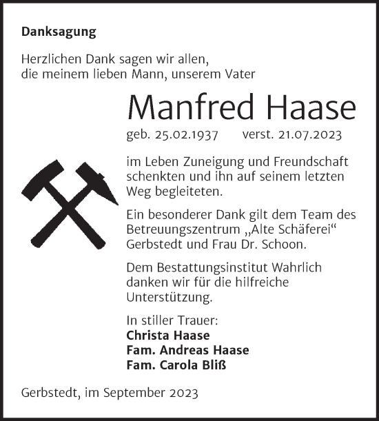 Traueranzeige von Manfred Haase von Trauerkombi Mansfelder Land