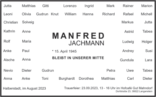 Traueranzeige von Manfred Jachmann von Volksstimme Halberstadt