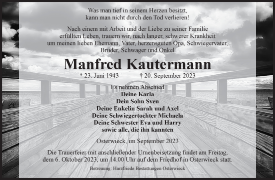 Traueranzeige von Manfred Kautermann von Volksstimme Halberstadt