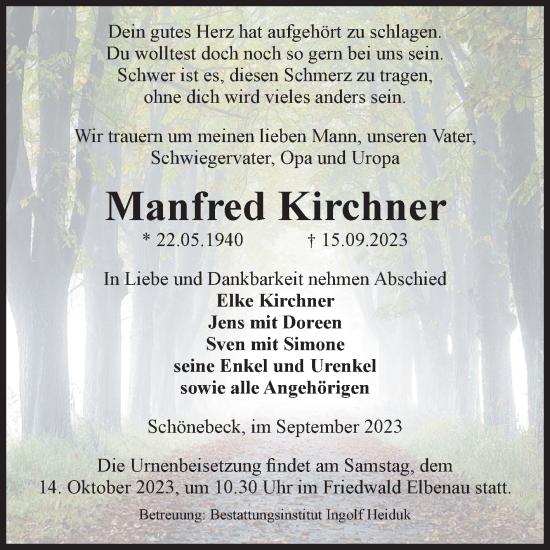 Traueranzeige von Manfred Kirchner von Volksstimme Schönebeck