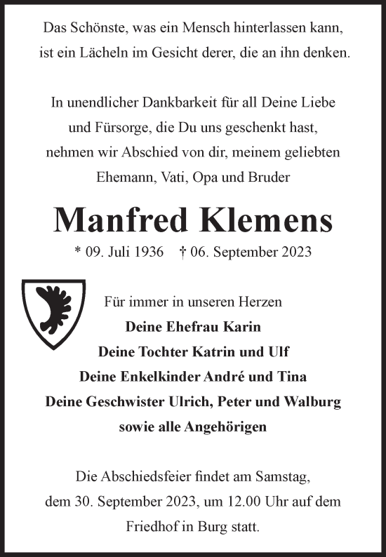 Traueranzeige von Manfred Klemens von Volksstimme Altmark Ost