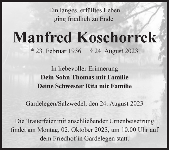 Traueranzeige von Manfred Koschorrek von Volksstimme Altmark West