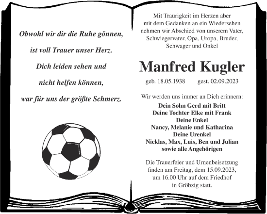 Traueranzeige von Manfred Kugler von Trauerkombi Köthen