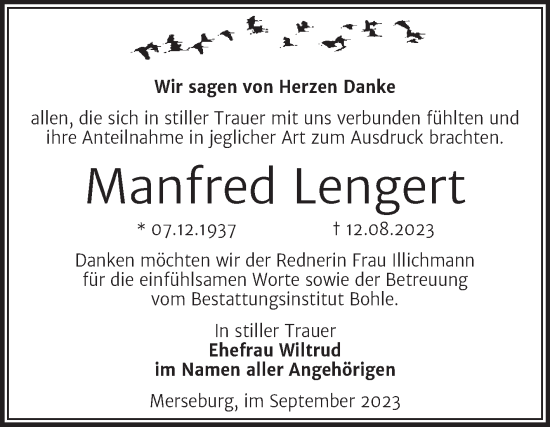 Traueranzeige von Manfred Lengert von Trauerkombi Merseburg