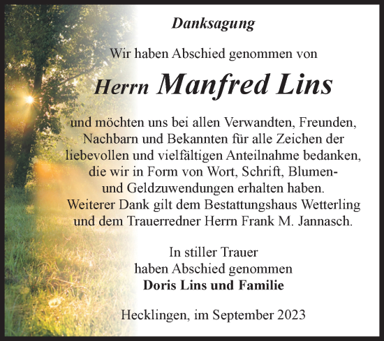Traueranzeige von Manfred Lins von Volksstimme Staßfurt