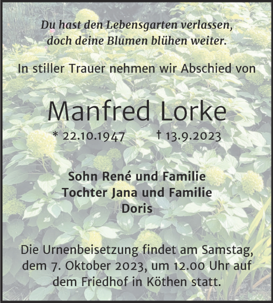 Traueranzeige von Manfred Lorke von Trauerkombi Köthen