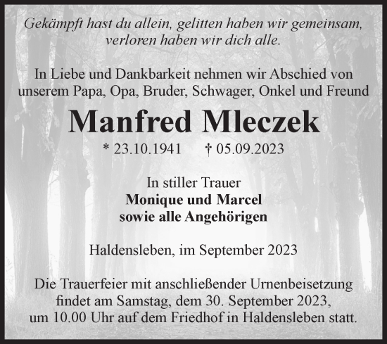 Traueranzeige von Manfred Mleczek von Volksstimme Haldensleben/Wolmirstedt