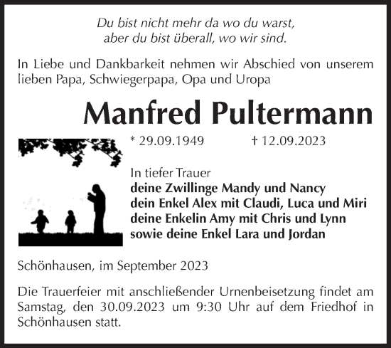 Traueranzeige von Manfred Pultermann von Volksstimme Altmark Ost