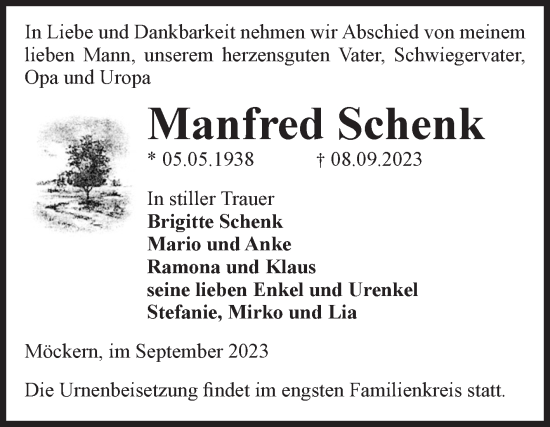 Traueranzeige von Manfred Schenk von Volksstimme Burg/Genthin