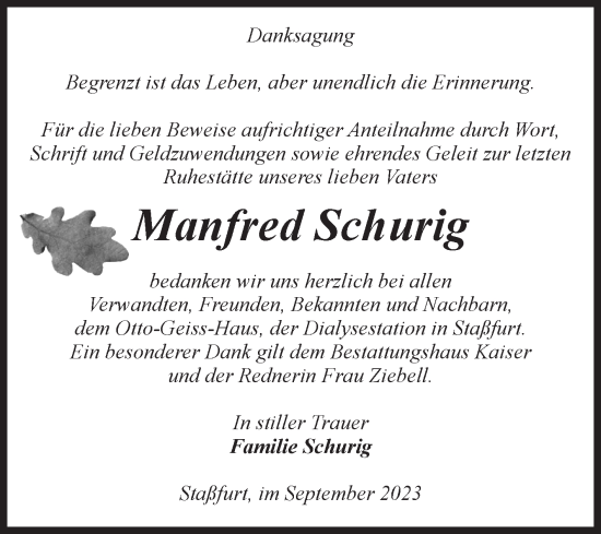 Traueranzeige von Manfred Schurig von Volksstimme Staßfurt