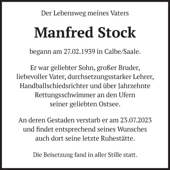 Traueranzeige von Manfred Stock von Volksstimme Schönebeck