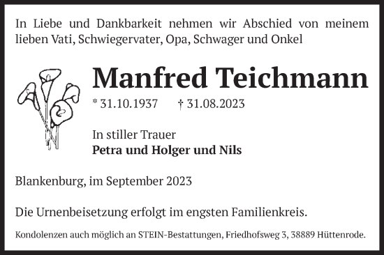 Traueranzeige von Manfred Teichmann von Volksstimme Wernigerode