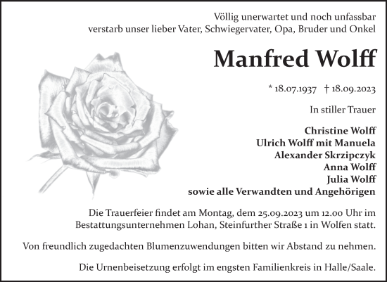Traueranzeige von Manfred Wolff von Trauerkombi Bitterfeld