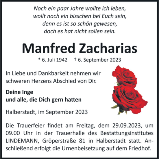 Traueranzeige von Manfred Zacharias von Volksstimme Halberstadt