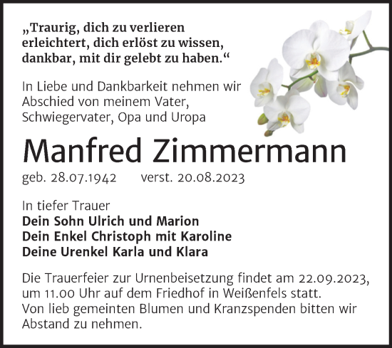 Traueranzeige von Manfred Zimmermann von Trauerkombi Weißenfels