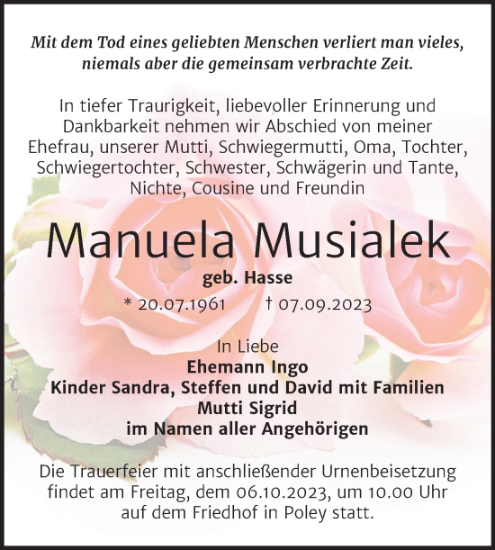 Traueranzeige von Manuela Musialek von Trauerkombi Bernburg