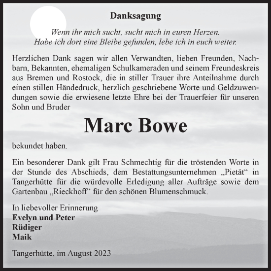 Traueranzeige von Marc Bowe von Volksstimme Altmark Ost