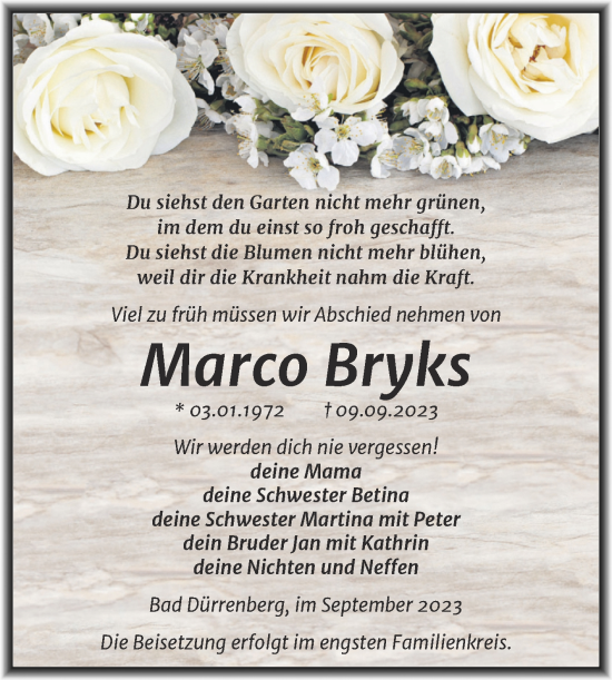 Traueranzeige von Marco Bryks von Trauerkombi Merseburg