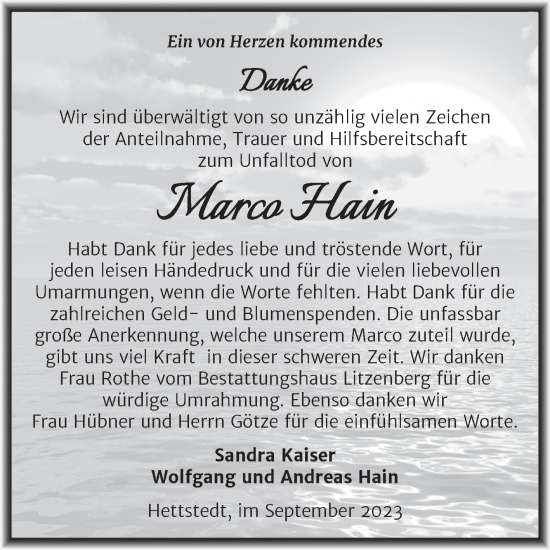 Traueranzeige von Marco Hain von Trauerkombi Mansfelder Land
