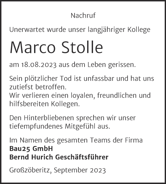 Traueranzeige von Marco Stolle von SuperSonntag Bitterfeld
