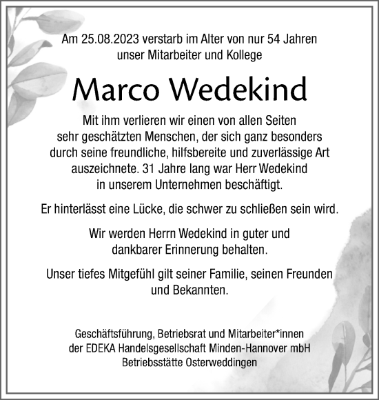 Traueranzeige von Marco Wedekind von Mitteldeutsche Zeitung Mansfelder Land