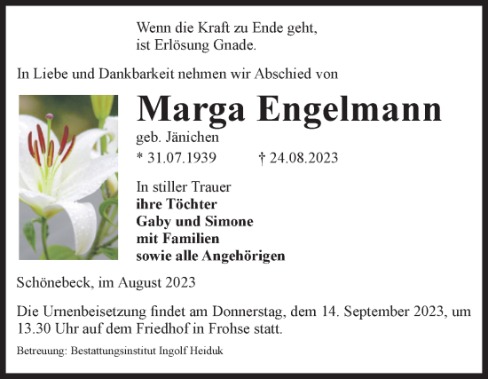 Traueranzeige von Marga Engelmann von Volksstimme Schönebeck