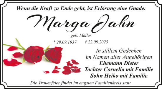 Traueranzeige von Marga Jahn von Trauerkombi Dessau