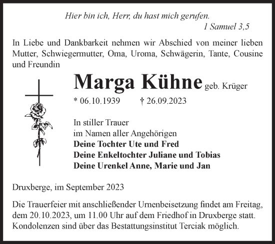 Traueranzeige von Marga Kühne von Volksstimme Oschersleben/Wanzleben