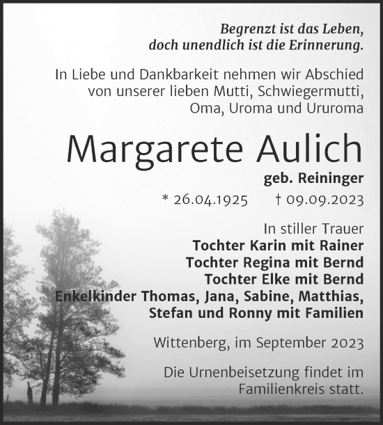 Traueranzeige von Margarete Aulich von Trauerkombi Wittenberg