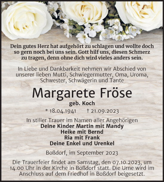 Traueranzeige von Margarete Fröse von Trauerkombi Wittenberg