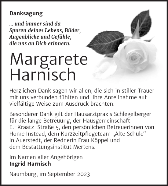 Traueranzeige von Margarete Harnisch von Naumburger Tageblatt