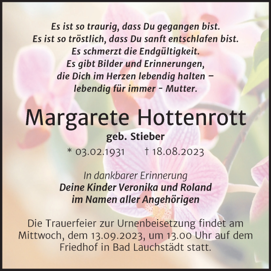 Traueranzeige von Margarete Hottenrott von Trauerkombi Merseburg