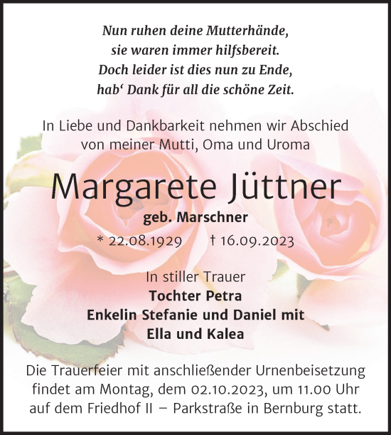 Traueranzeige von Margarete Jüttner von Trauerkombi Bernburg