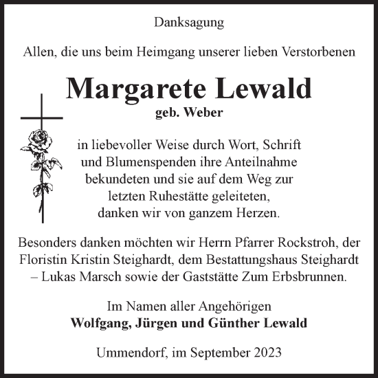 Traueranzeige von Margarete Lewald von Volksstimme Oschersleben/Wanzleben