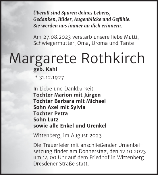 Traueranzeige von Margarete Rothkirch von Trauerkombi Wittenberg