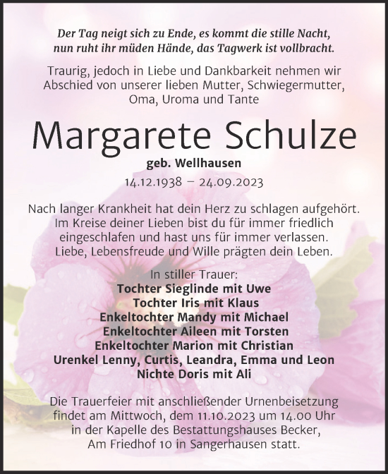 Traueranzeige von Margarete Schulze von Trauerkombi Sangerhausen