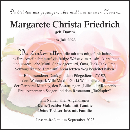 Traueranzeige von Margarete Christa Friedrich von Trauerkombi Dessau